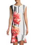 Cap-sleeve Floral Striped