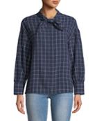 Bow-neck Gingham Button-front Blouse