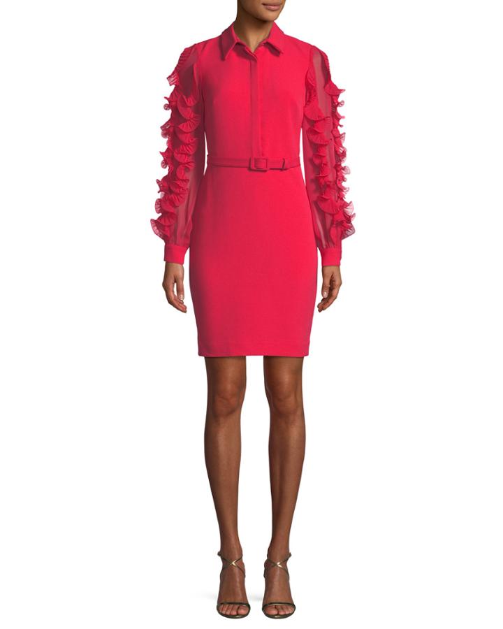Collared Sheath Dress W/ Pleated Ruffle