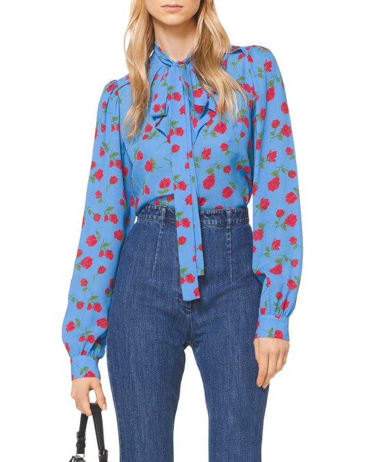 Button-down Tie-neck Scattered Rose-print Silk Georgette Blouse