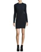 Long-sleeve Ribbed Faux-wrap Sweaterdress, Black