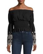 Smocked-waist Embroidered-cuff Top, Black/white