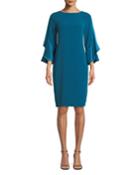 3/4-sleeve Sheath Cocktail Dress W/ Ruffles