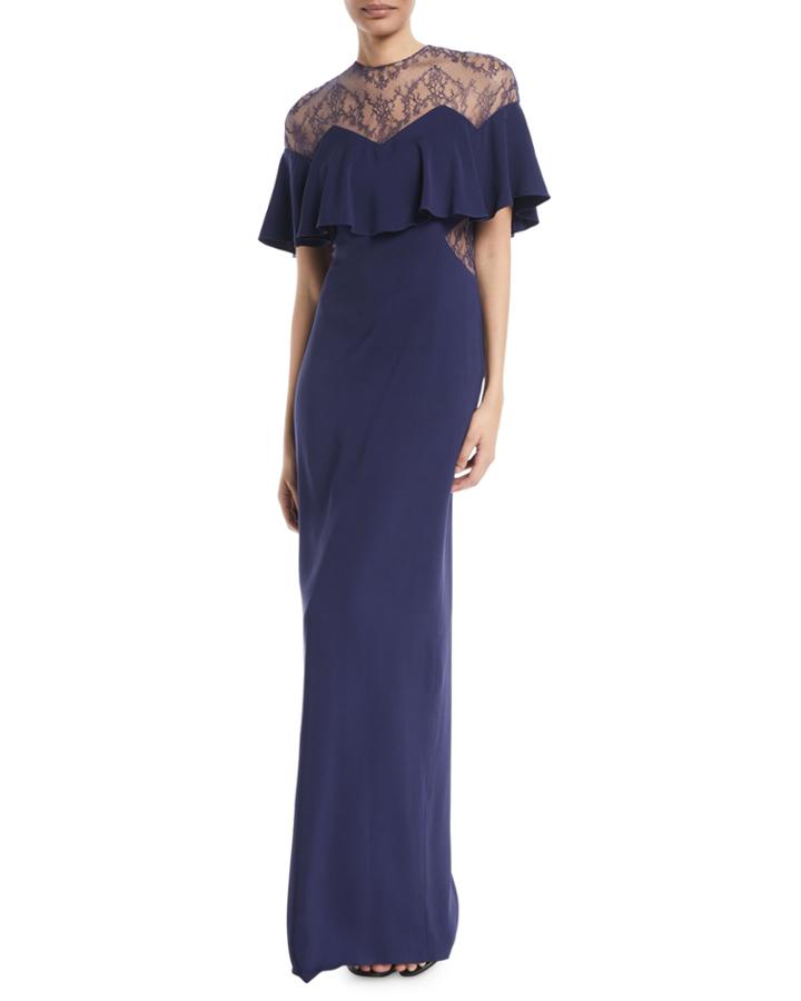 Capelet Sleeve Lace-inset Column Evening Gown