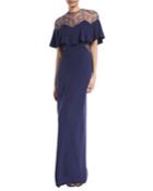 Capelet Sleeve Lace-inset Column Evening Gown