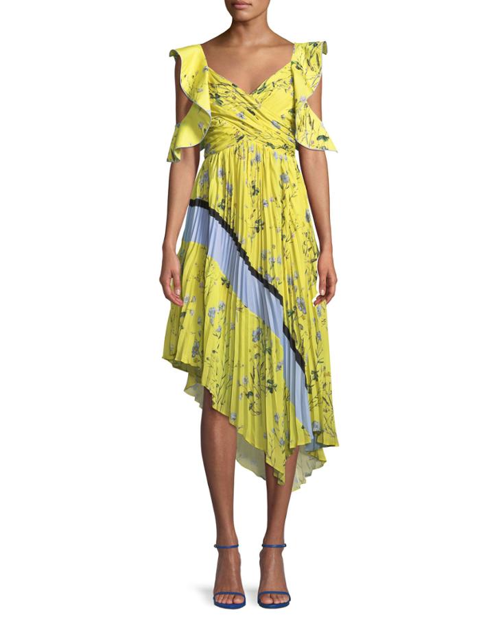 Pleated Asymmetric Floral-print Cocktail Dress