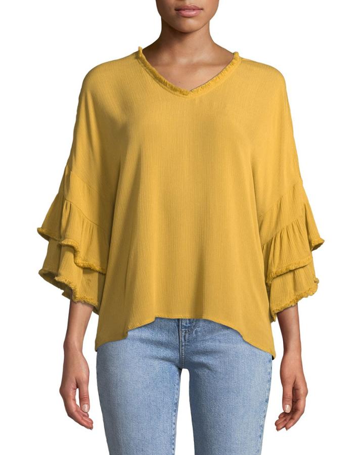 Tiered-sleeve Frayed Peasant Blouse