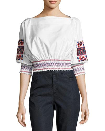 Cora Embroidered Crop Top, White Pattern