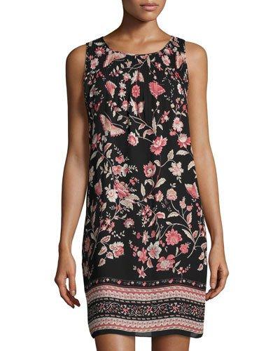 Floral-print Ruched-yoke Dress, Black Pattern