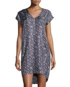 Printed V-neck Short-sleeve Dress, Almond/multi