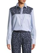 Button-front Long-sleeve Striped Shirt W/ Lace Western Yoke