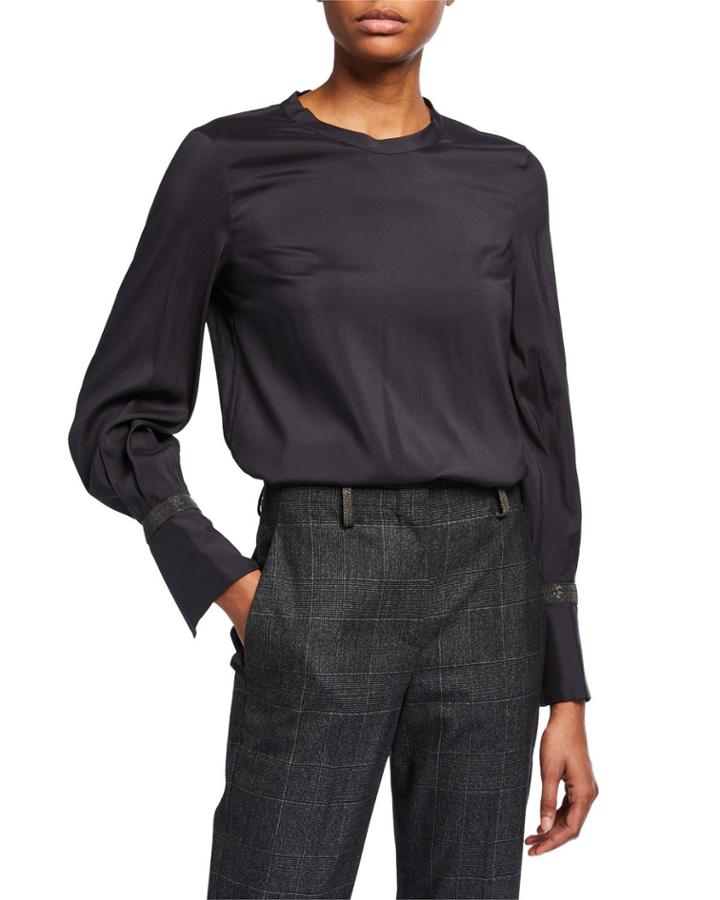 Jewel-neck Long-sleeve Monili Flounce-cuff