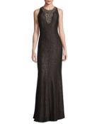 Sleeveless Embellished Jacquard Gown, Pewter