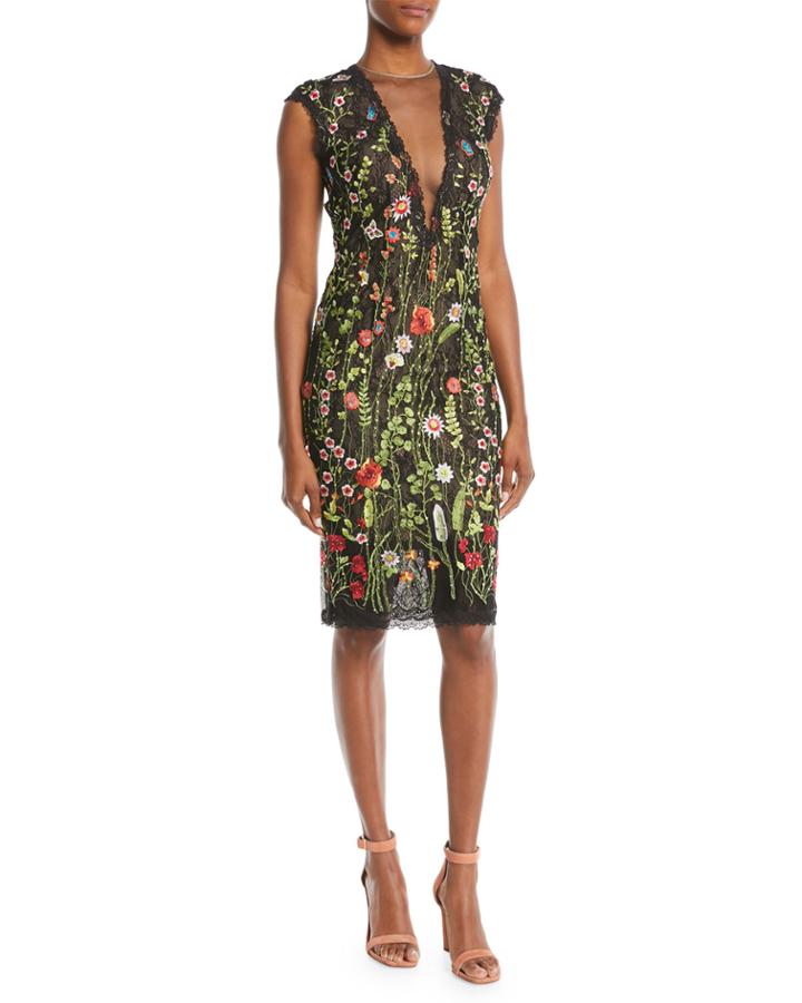 Floral-embroidered Lace Illusion Dress