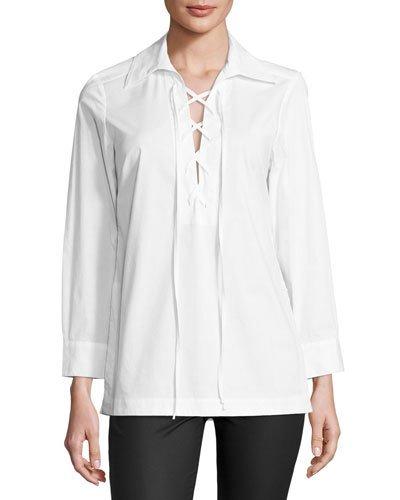 Relaxed Lace-up Tunic Top, White