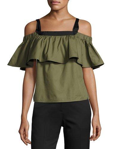 Ruffled Cold-shoulder Cotton Poplin Top, Green