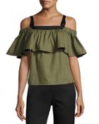 Ruffled Cold-shoulder Cotton Poplin Top, Green