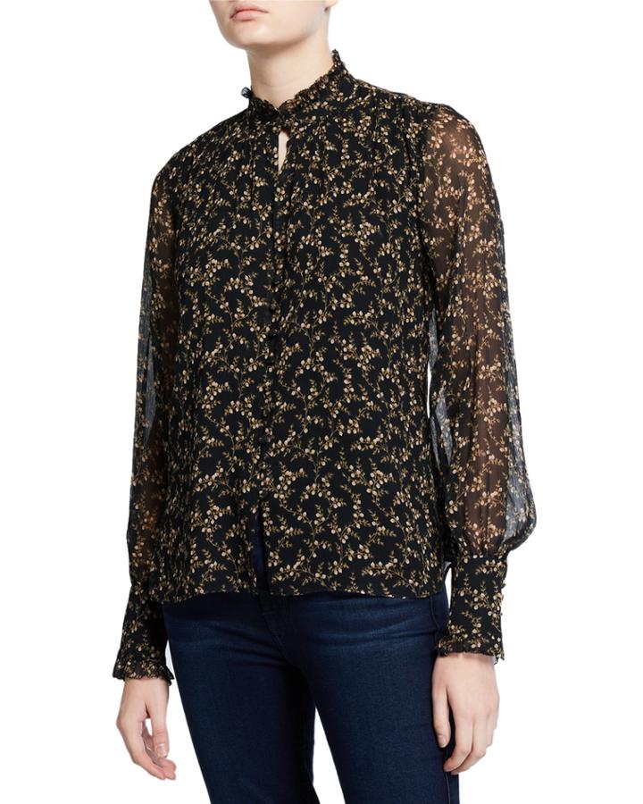 Printed Silk Chiffon Ruffle High-neck Blouse