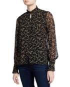 Printed Silk Chiffon Ruffle High-neck Blouse