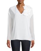 Petal-shoulder Crepe De Chine Blouse