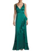 Sleeveless Asymmetric Ruffled Satin Evening Gown