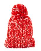 Chunky Marled Knit Beanie W/ Pompom, Red