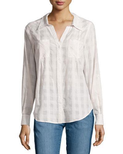 Cartel Button-front Plaid Cotton Blouse, Porcelain