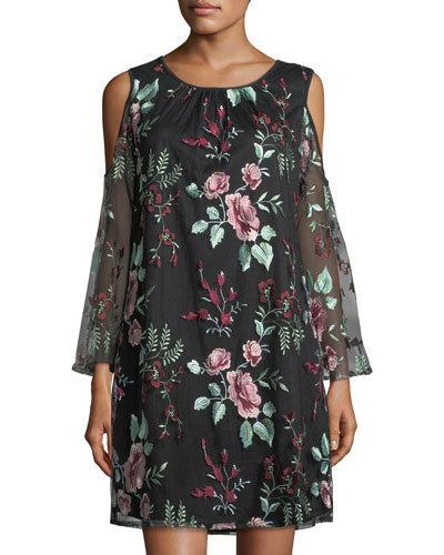 Cold-shoulder Embroidered A-line Dress