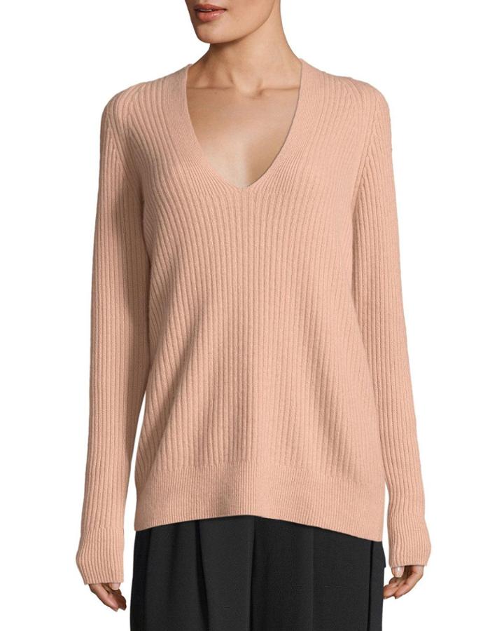 Raglan Ribbed Deep V-neck Wool-cashmere