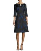 3/4-sleeve Floral Jacquard A-line Dress, Cobalt