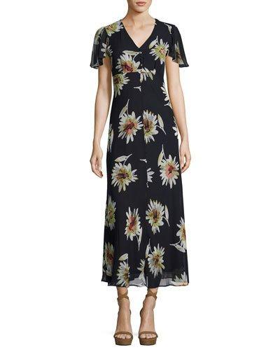 Flutter-sleeve Floral-print Chiffon Maxi Dress, Blue Pattern
