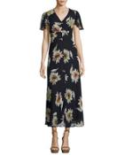 Flutter-sleeve Floral-print Chiffon Maxi Dress, Blue Pattern