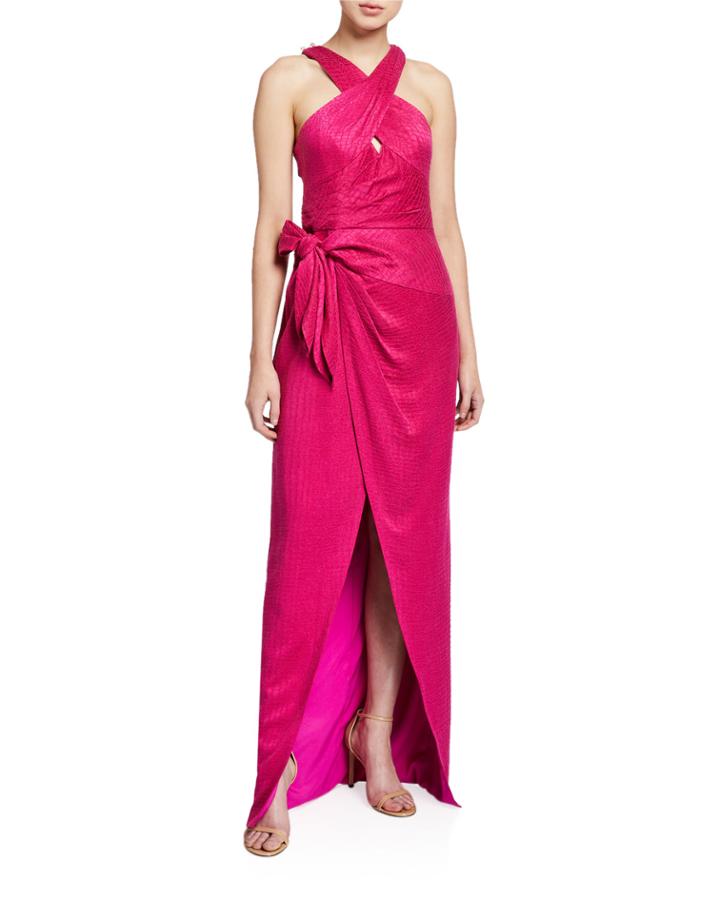 Lennox Snake Jacquard Halter Gown W/ Side Tie Detail