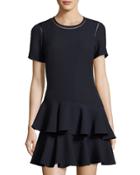 Short-sleeve Pucker-jacquard Dress, Navy