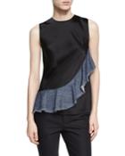 Sateen Sleeveless Denim Ruffle Top, Black