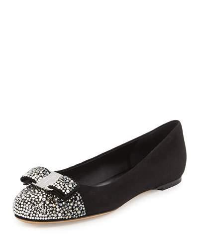 Varina Crystal Suede Bow Ballerina Flat, Nero