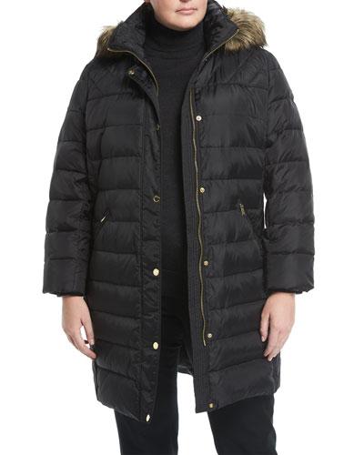 Snap-front Down Coat With Faux-fur Trim,