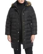 Snap-front Down Coat With Faux-fur Trim,