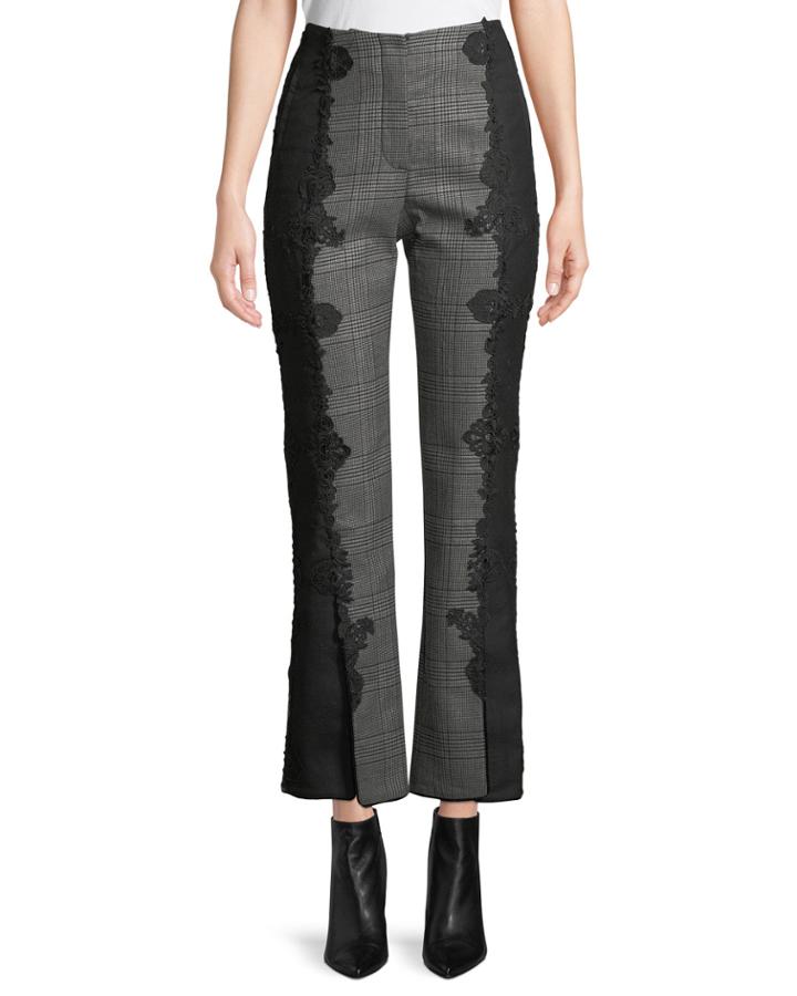 E-cig Check Wool Applique Straight-leg Pants