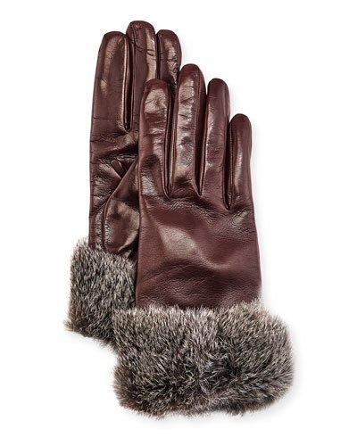 Leather Fur-trim Gloves, Bordeaux