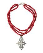 Triple-strand Collar Necklace W/ Cross Pendant, Red