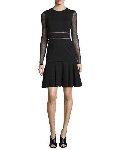 Long-sleeve Lace-inset Dress, Black