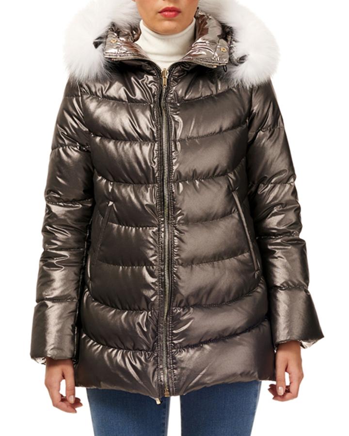 Fur-hood Zip-front Quilted Puffer Apres-ski Jacket W/ Ribbed Cuffs