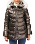 Fur-hood Zip-front Quilted Puffer Apres-ski Jacket W/ Ribbed Cuffs
