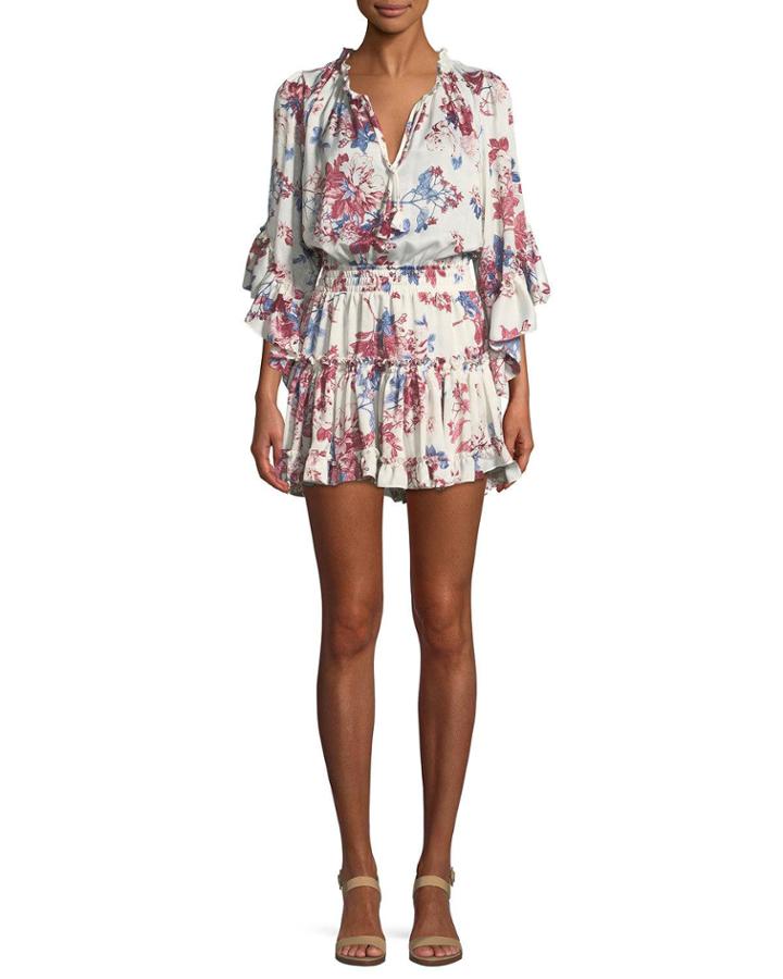 Cecile Split-neck Floral-printed Cap-sleeve Dress