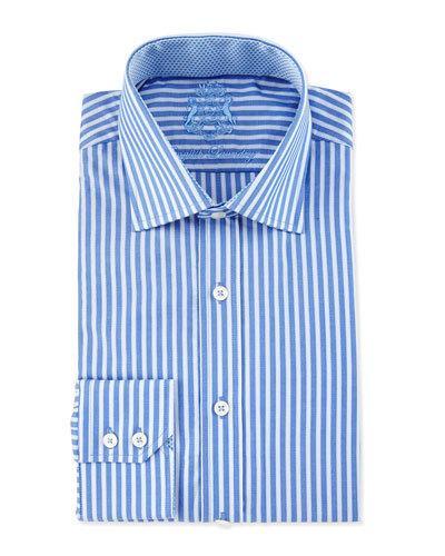 Striped Long-sleeve Dress Shirt, Blue/white