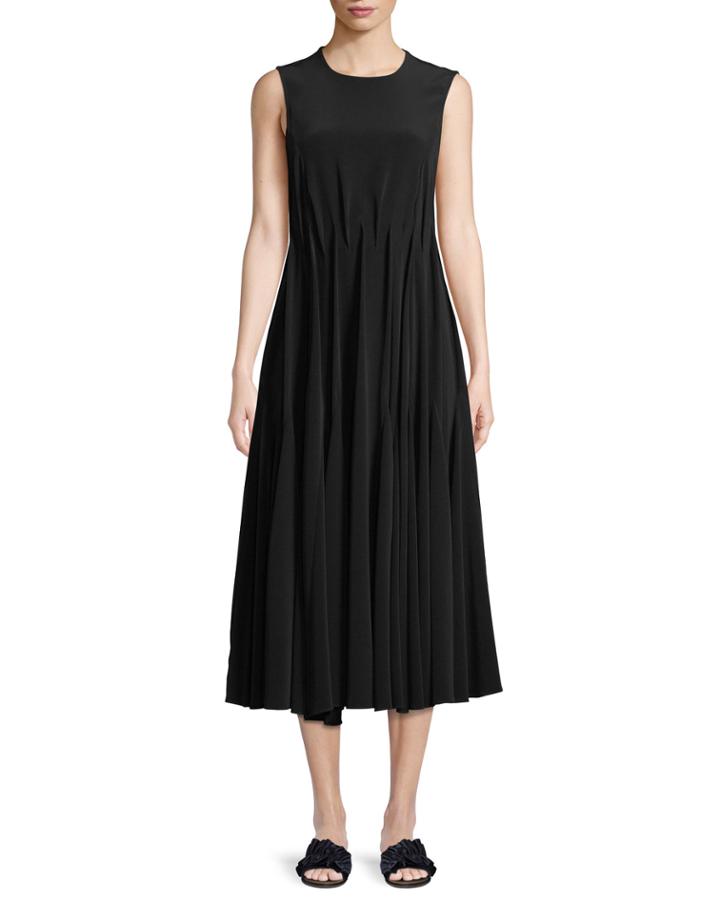 Sleeveless Gathered Tacked-waist Crepe Dress