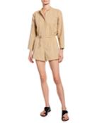 Penelope Button-front Long-sleeve Belted Romper
