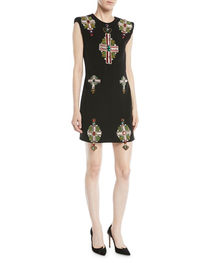 Sleeveless Padded-shoulder Cross-embellished Mini Silk Cocktail Dress