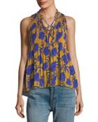Pleated Floral-print Sleeveless Blouse